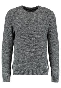 Grauer Strickpullover mit strukturiertem Muster, Rundhalsausschnitt und gerippten Bündchen und Saum. Hergestellt aus einer Mischfaser für Wärme und Langlebigkeit.