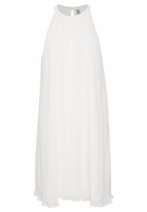 Weißes, plissiertes Kleid mit hohem Kragen, Schlüsselrücken und fließender Silhouette. Leichter Stoff mit glatter Textur und dezentem Glanz.