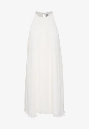 Weißes, plissiertes Kleid mit hohem Kragen, Schlüsselrücken und fließender Silhouette. Leichter Stoff mit glatter Textur und dezentem Glanz.