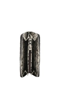 Zippered wallet featuring a light brown and black snake skin pattern, with multiple compartments and a smooth, textured interior.