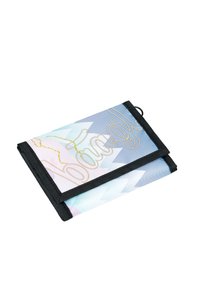 Folded wallet featuring a pastel geometric design in blue, pink, and white, with gold lettering on a textured surface and black trim.