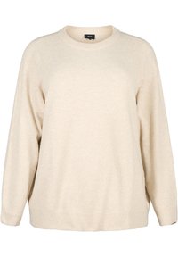Maglione beige realizzato con materiale morbido, caratterizzato da un collo rotondo, maniche lunghe e polsini e orlo a costine. Vestibilità comoda, design minimal.