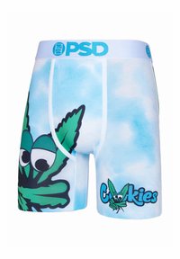 Bokserki z niebieskim tłem tie-dye, zielonym wzorem z liści kreskówkowych oraz napisem "Cookies". Wykonane z miękkiego materiału, z elastycznym pasem w talii.