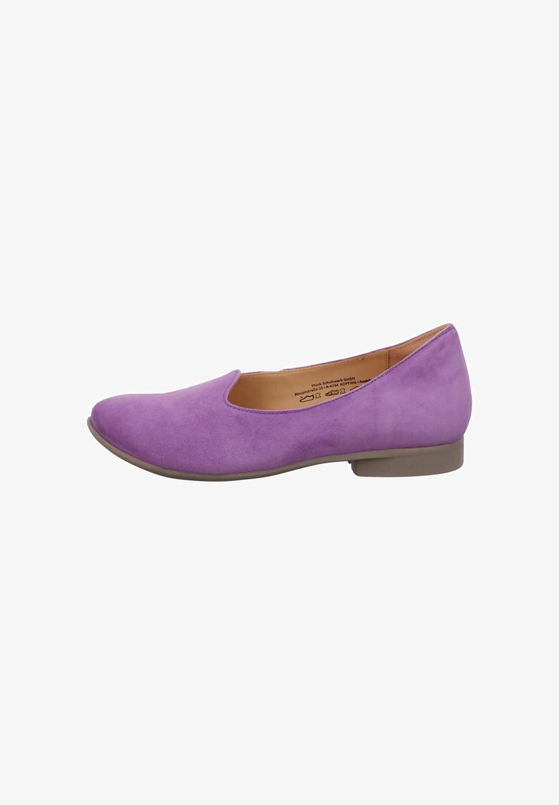 Purple suede flat shoe with a rounded toe, low beige heel, and a cut-out design on the side. Soft texture and smooth finish.