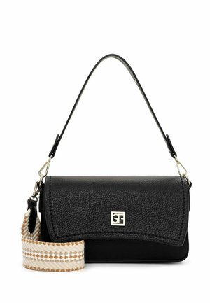 Sac à main en cuir noir avec une finition texturée, orné d'un logo doré et d'une bandoulière tissée amovible aux rayures beige et marron.