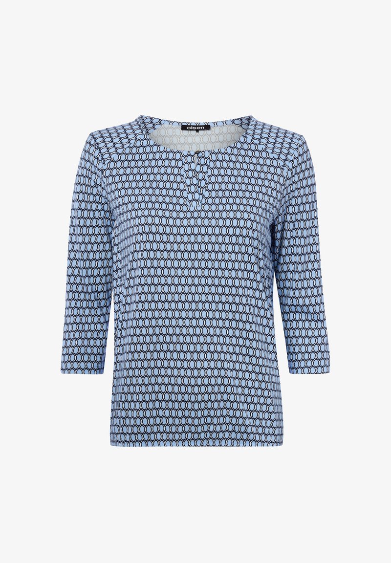 Hellblaues Langarmhemd mit schwarzem Ovalmuster, rundem Ausschnitt und drei Knöpfen in der vorderen Mitte.