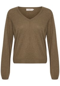 Pull à col en V, à manches longues, de couleur vert olive. Texture en maille légère avec une coupe décontractée et des accents côtelés subtils aux poignets et à l'ourlet.
