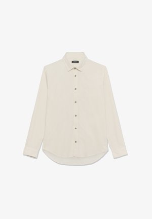 Long-sleeve shirt in off-white cotton. Features a button-down collar, seven brown buttons down the front, and a curved hem.