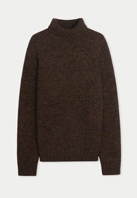 Brauner Rollkragenpullover mit einem strukturierten Strickmuster. Verfügt über lange Ärmel und einen lässigen Schnitt, hergestellt aus einem weichen, mittelschweren Material.