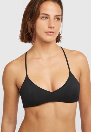 Schwarzes Bikinioberteil mit dreieckiger Form, dünnen verstellbaren Trägern und glatter Stoffstruktur. Minimalistisches Design ohne Muster oder Verzierungen.