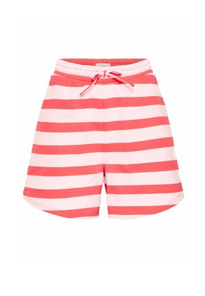 Triibulised lühikesed püksid koralli ja hele roosa värviga, elastse vööga, millel on nöör, valmistatud pehmest kangast ja lõdva istuvusega.