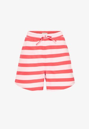 Shorts rayés en corail et rose clair, dotés d'une taille élastique avec cordon de serrage, fabriqués en tissu doux avec une coupe décontractée.