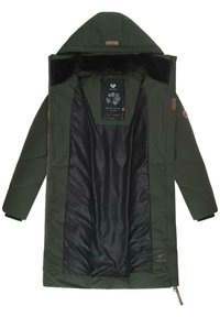 Grønt boblejakke med hette, med svart innvendig fôr og en subtil mønstrete tekstur. Glidelås lukking og logo på ermet.