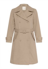 Bēšs trenci mētelis no gludas auduma, ar dubultu pogu aizdari, jostas vidukli un dekoratīvu apdari uz piedurknēm.