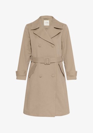 Bēšs trenci mētelis no gludas auduma, ar dubultu pogu aizdari, jostas vidukli un dekoratīvu apdari uz piedurknēm.