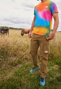 Muž v barevném tričku s potiskem tie-dye a hnědých cargo kalhotách, s modrými botami, stojící na travnatém poli s pasoucími se kravami za drátěným plotem.
