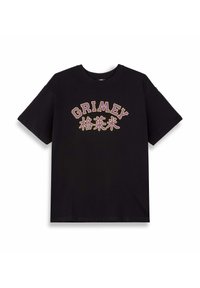Czarny bawełniany t-shirt z krótkimi rękawami, z napisem "GRIMEY" w żółtym i białym kolorze oraz skomplikowanymi wzorami w białych literach.