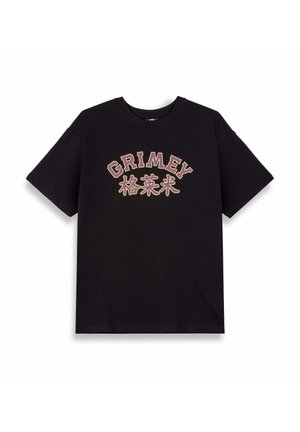 Czarny bawełniany t-shirt z krótkimi rękawami, z napisem "GRIMEY" w żółtym i białym kolorze oraz skomplikowanymi wzorami w białych literach.