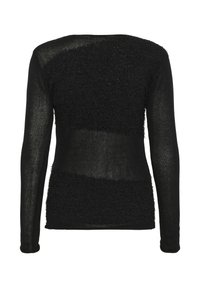 Maglione nero a maniche lunghe che presenta un mix di tessuto liscio e testurizzato. Il design include sezioni di diverse texture in tonalità scure.