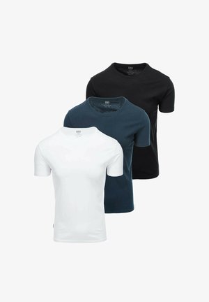 Drei kurzärmlige T-Shirts in Schwarz, Dunkeltürkis und Weiß. Aus weichem Stoff mit klassischem Rundhalsausschnitt und taillierter Passform.