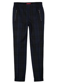 Spodnie w ciemnoniebiesko-czarny kratę, z elastycznym pasem i suwakowymi kieszeniami bocznymi z akcentami w kolorze srebrnym.