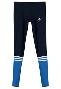 Námornické legíny s modrými akcenty a třemi bílými pruhy na dolní části nohou. Obsahuje logo Adidas na horní levé straně. Měkký, elastický materiál.