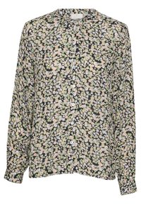 Blusa floreale con base nera, caratterizzata da piccoli fiori rosa e blu. Maniche lunghe e chiusura con bottoni sul davanti con colletto rotondo. Tessuto leggero e fluido.