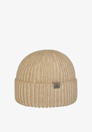 Beige ribbed knit beanie hat with folded cuff and small rectangular brand label on the front side.