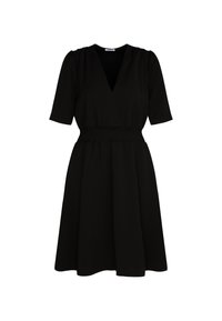 Zwarte jurk met een v-hals, korte puffmouwen en een smock taille. De uitlopende rok reikt tot halverwege de dijen. Glad stof met een effen kleur.