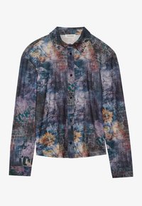 Camicia a maniche lunghe con bottoni multicolore caratterizzata da un motivo floreale e astratto, realizzata in tessuto leggero con colletto.