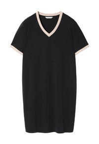 Black short-sleeve dress with a V-neckline, featuring beige accents on the collar and sleeve hems. Smooth fabric with a relaxed fit.