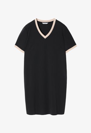 Fekete, rövidujjú, V-nyakú ruha, bézs díszítéssel a galléron és az ujjak szélén. Simogató anyag, laza fit.
