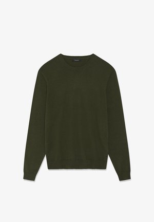 Tumeroheline pikkade varrukatega ümar kaelusega kampsun, millel on soonikkoes mansetid ja õmblusteta alumine äär, näidatud valgel taustal laotatuna.