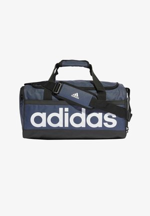 Borsa da viaggio Adidas in blu navy con logo bianco, dotata di manici doppi e spallacci regolabili. Tessuto resistente con un design elegante.