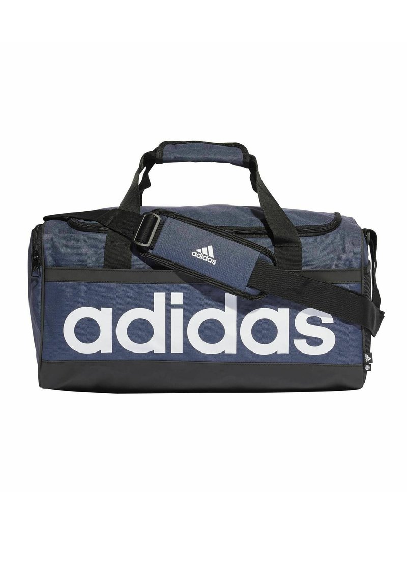 Borsa da viaggio Adidas in blu navy con logo bianco, dotata di manici doppi e spallacci regolabili. Tessuto resistente con un design elegante.