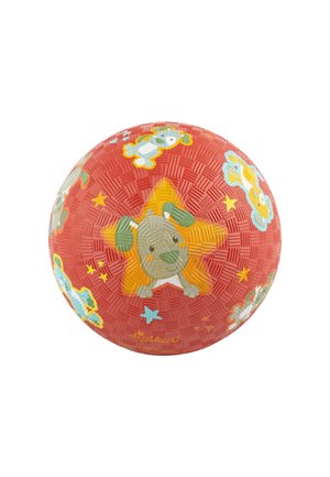 Red rubber ball featuring a textured surface, with graphics of a dog and stars in yellow, blue, and green. Circular shape, colorful designs.