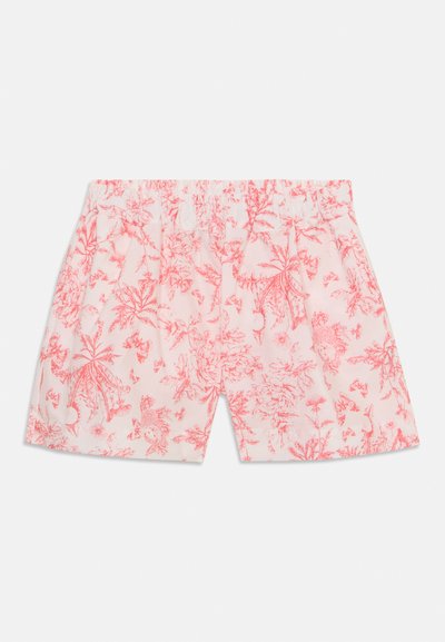Blümchen-Shorts mit elastischem Bund, bestehend aus leicht pinkfarbener Stoff, der mit einem korallenfarbenen Blumenmuster verziert ist und einen lockeren Schnitt hat.