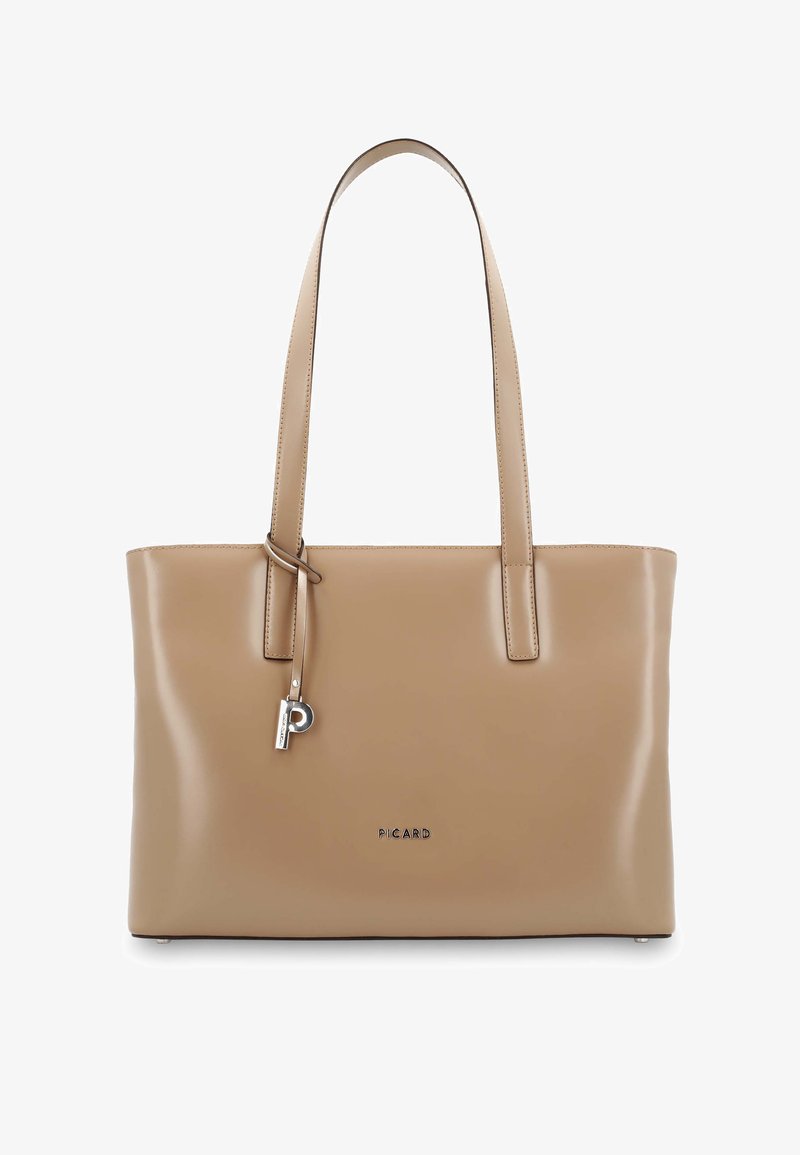 Beige Ledertasche mit doppelten langen Griffen, silbernem "P" Anhänger und "PICARD" Logo in der vorderen Mitte.