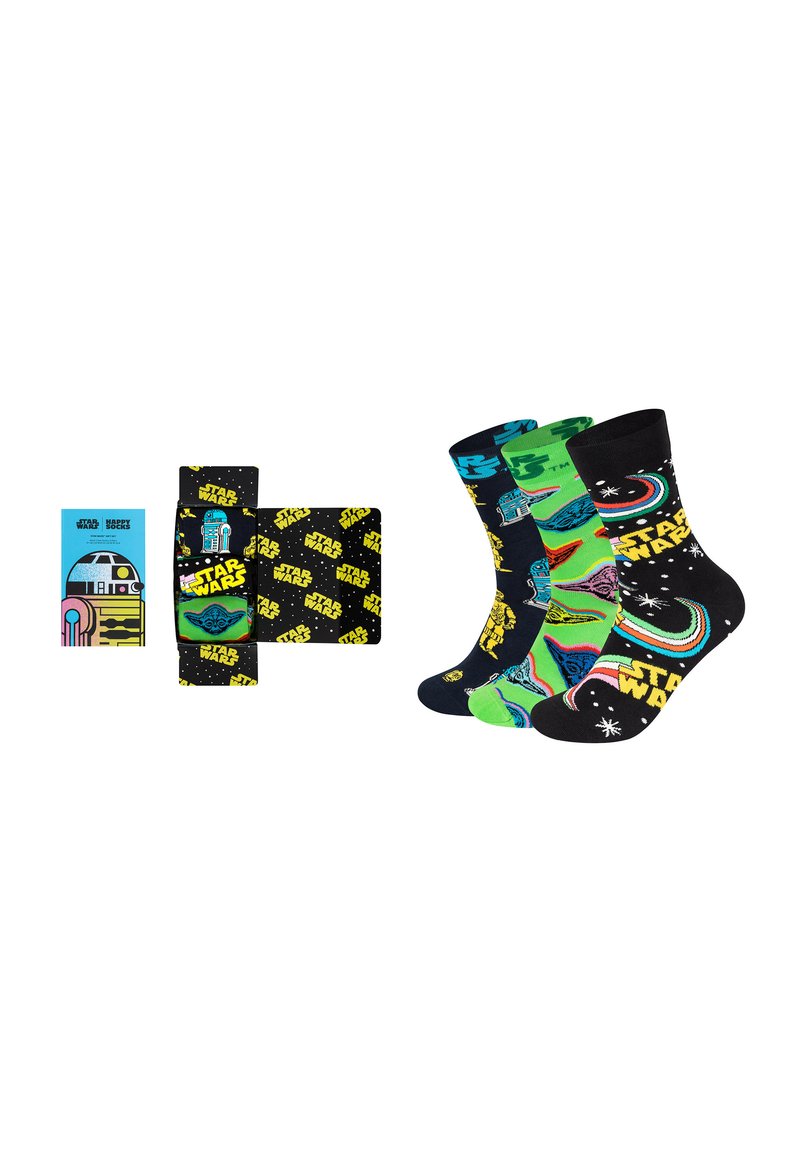Star-Wars-inspirierte Socken in Schwarz, Grün und Blau, die Grafiken von Charakteren und Sternen zeigen, mit einem markenbezogenen Verpackungsdesign.