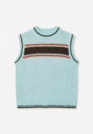 Gilet a maglia senza maniche azzurro chiaro con strisce orizzontali marroni e arancioni sul petto e bordi a coste.