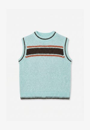 Gilet sans manches en tricot bleu clair avec des rayures horizontales marron et orange sur la poitrine et des bords côtelés.