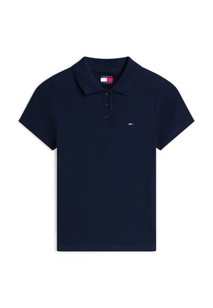 Polo de manga corta azul marino con tres botones y pequeño logo de la bandera Tommy Hilfiger en el pecho.