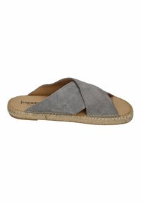 Gray suede slide sandal with a cross-over design and a jute-wrapped sole. Features a smooth leather insole and simple stitching accents.