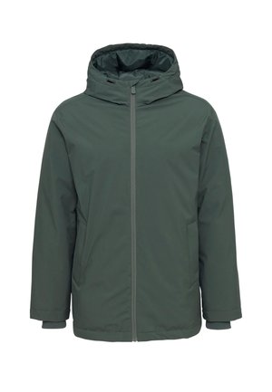 Dunkelgrüne isolierte Jacke mit Kapuze, Frontreißverschluss und Seitentaschen. Die glatte Textur und die elastischen Bündchen erhöhen den Schutz und die Wärme.