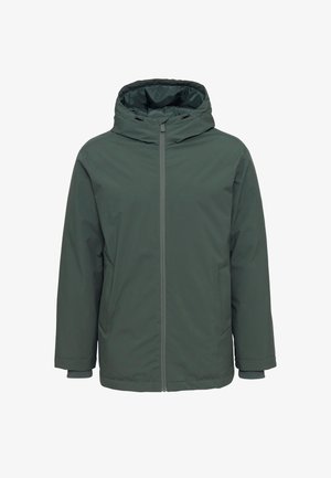 Dunkelgrüne isolierte Jacke mit Kapuze, Frontreißverschluss und Seitentaschen. Die glatte Textur und die elastischen Bündchen erhöhen den Schutz und die Wärme.
