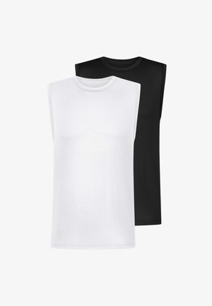 To ærmeløse tanktops med rund hals, den ene hvid foran og den anden sort bagved, vist på en hvid baggrund.
