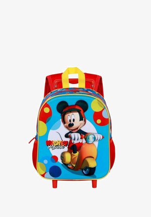 Mochila temática de Mickey Mouse en colores azul y rojo, con lunares y un diseño de patinete. Incluye correas amarillas y un cierre con cremallera.