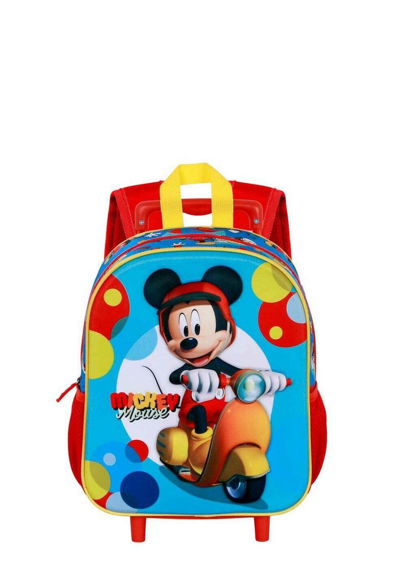 Mochila temática de Mickey Mouse en colores azul y rojo, con lunares y un diseño de patinete. Incluye correas amarillas y un cierre con cremallera.