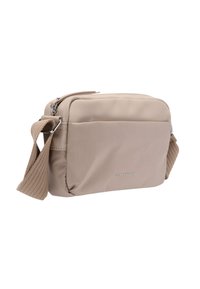 Borsa a tracolla in nylon beige con una superficie liscia, dotata di una tasca frontale e una tracolla testurizzata. Logo impresso sul fronte.