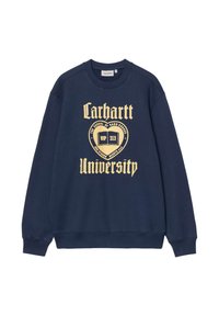 Sudadera azul marino de algodón, con un gráfico dorado que dice "Carhartt University" con un logo de escudo y un diseño de texto.